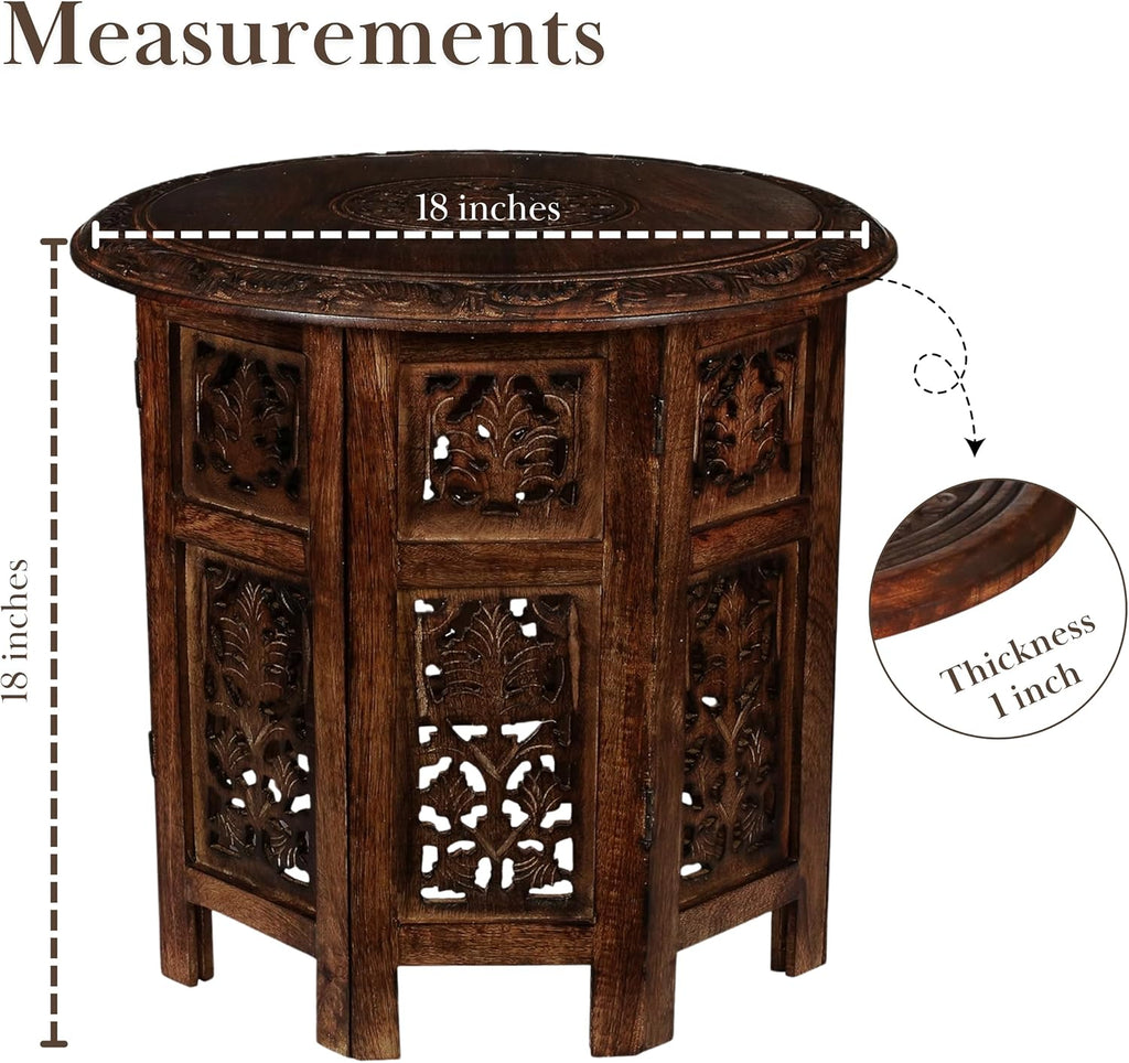 Round Wood Coffee Table - 18” Carved Small Accent Side Table with Burnt Finish, Wooden Altar Table, 18” Round Top x 18” Height, Perfect End Table for Living Room Decor