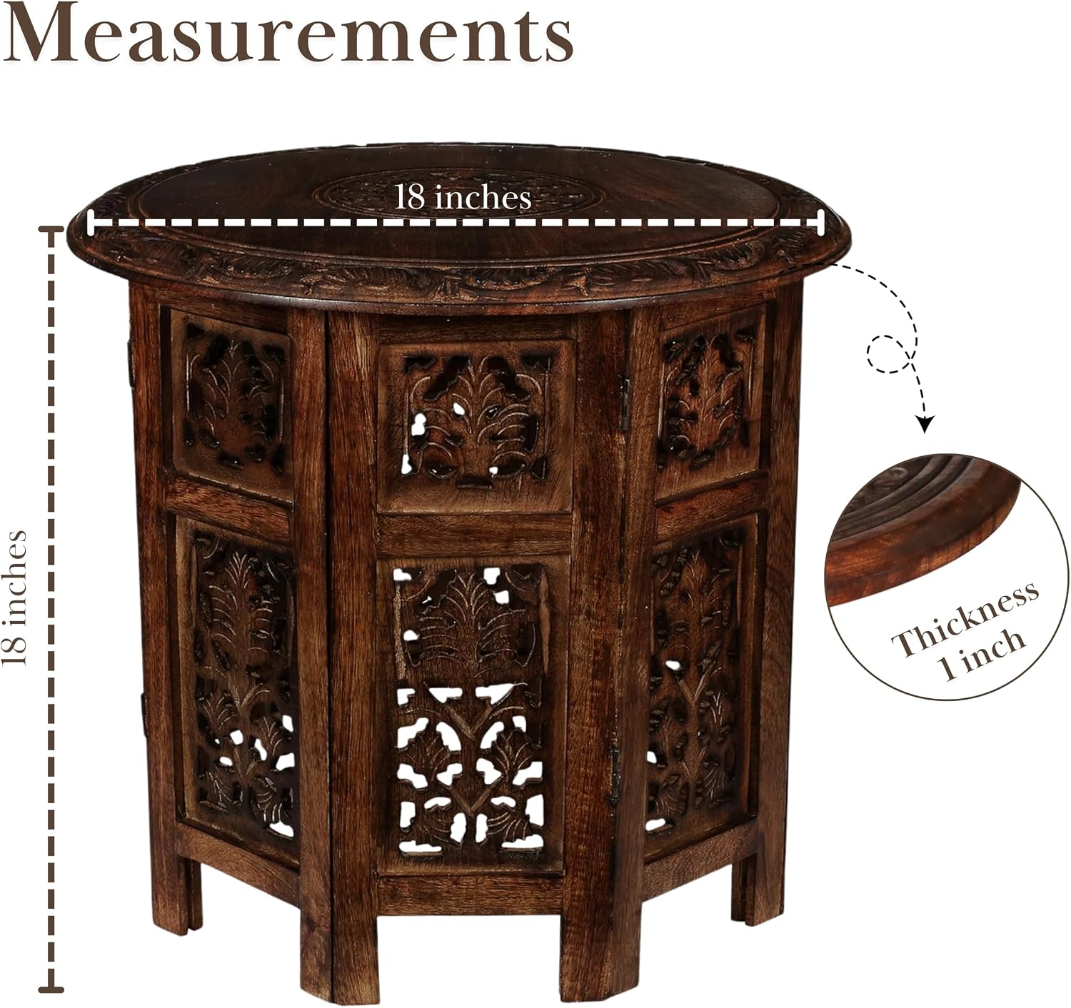 Round Wood Coffee Table - 18” Carved Small Accent Side Table with Burnt Finish, Wooden Altar Table, 18” Round Top x 18” Height, Perfect End Table for Living Room Decor