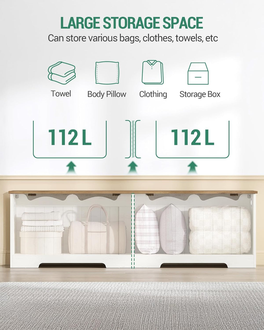 Hzuaneri 59" Storage Chest, Storage Bench Trunk with 2 Hinges, Wooden Box, Lift-Top Chest Organizer, Shoe Bench for Entryway, Bedroom, Living Room, Rustic White SB01514X