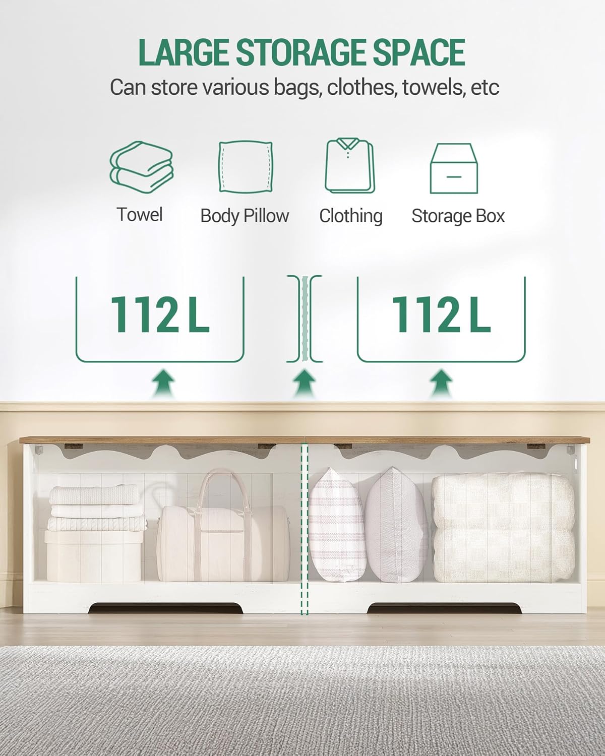 Hzuaneri 59" Storage Chest, Storage Bench Trunk with 2 Hinges, Wooden Box, Lift-Top Chest Organizer, Shoe Bench for Entryway, Bedroom, Living Room, Rustic White SB01514X