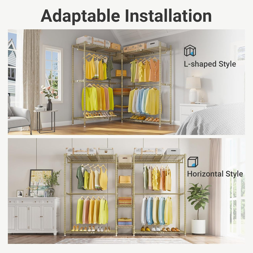 VIPEK X3 Expandable Heavy Duty Clothes Rack Adjustable from 5'2" to 8' with Adjustable Shelves and Hanger Rods, Large Freestanding Clothing Racks Reach-in & Walk-in Closet, Max Load 1210LBS, Gold