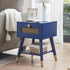 Mid Century Modern End Table for Living Room, Small Side Tables with Charging Station, Outlets and USB Ports, Blue Wood Nightstand with Storage Drawer and Open Shelf