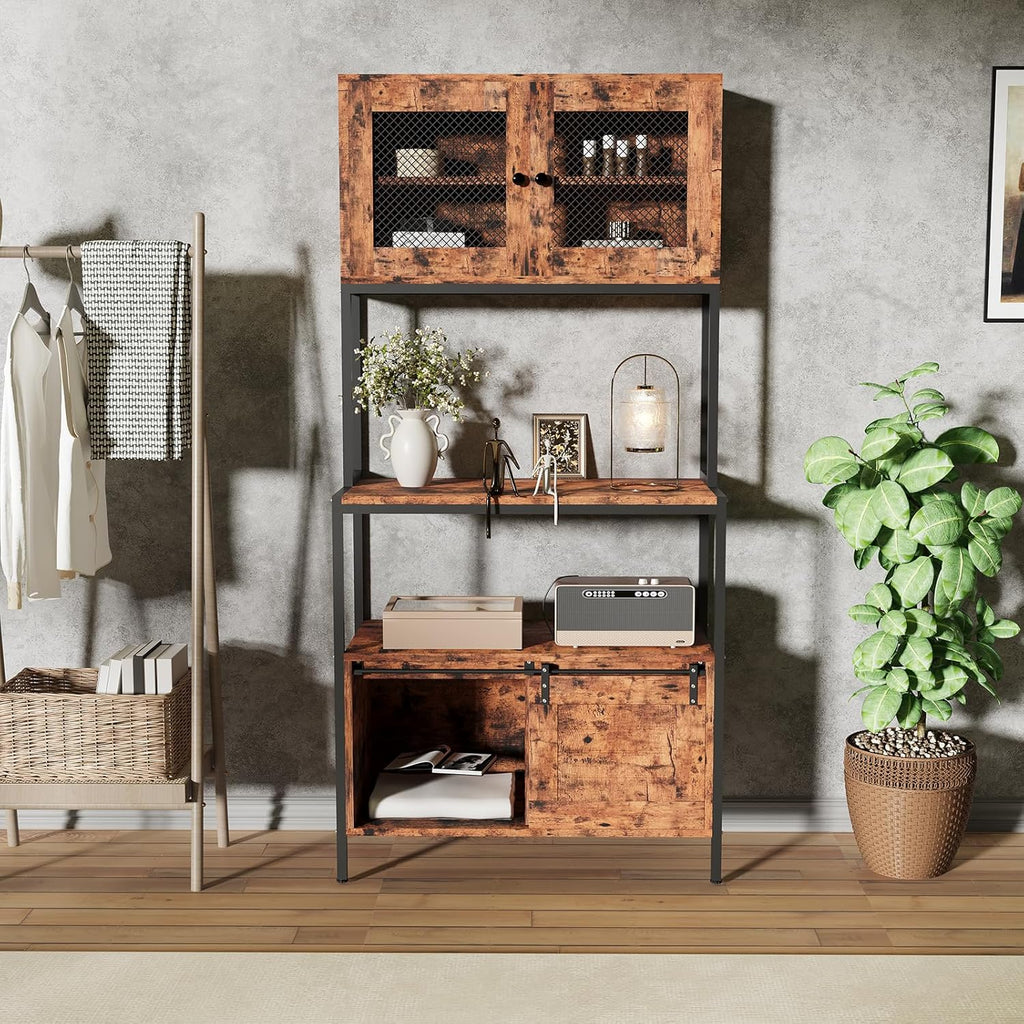 Garvee 63 in Tall Farmhouse Bakers Rack, 5 Tier Industrial Microwave Stand with Charging Station & Cabinets, Compact Kitchen Utility Shelves Coffee Bar Station for Small Spaces Apartments, Brown