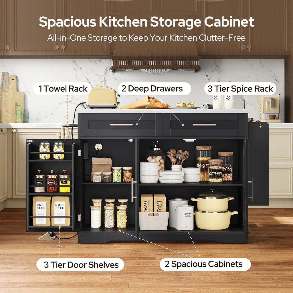 Concho 56'' Kitchen Island with Seating and Stainless Steel Countertop, Rolling Kitchen Carts on Wheels with Folding Drop Leaf, Bar Stool, Power Outlet, Spice/Towel Rack, Black