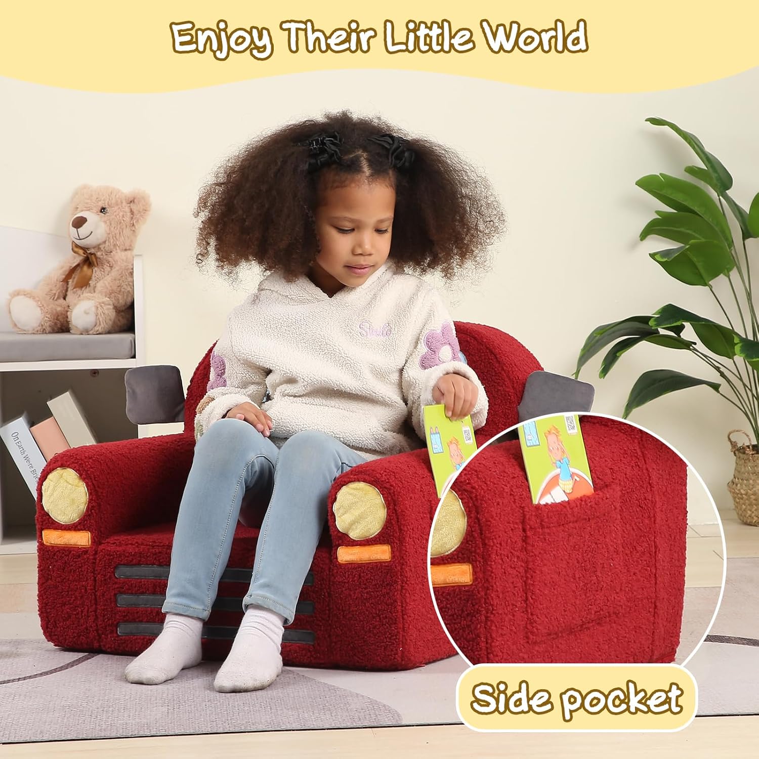 MOMCAYWEX Comfy Toddler Chair, Snuggly Kids Armchair, Red Fire Truck