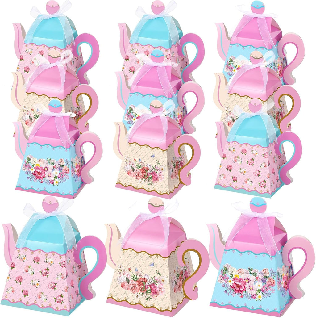 Outus 48 Pcs Floral Tea Party Favor Boxes Large Flower Teapot Candy Box Vintage Floral Pink Blue Teapot Box Spring Gift Supplies for Birthday Decorations Baby Shower Wedding Party