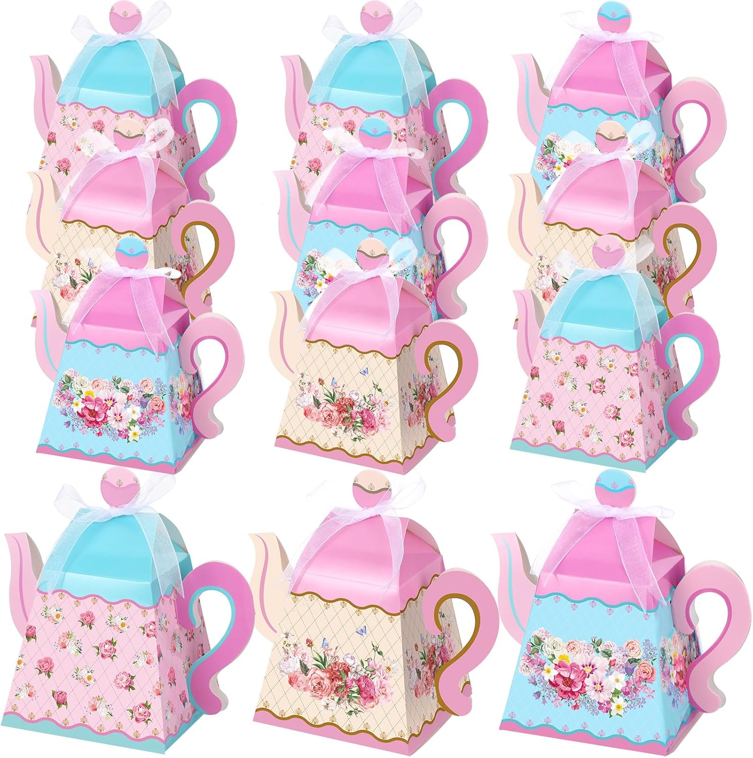 Outus 48 Pcs Floral Tea Party Favor Boxes Large Flower Teapot Candy Box Vintage Floral Pink Blue Teapot Box Spring Gift Supplies for Birthday Decorations Baby Shower Wedding Party