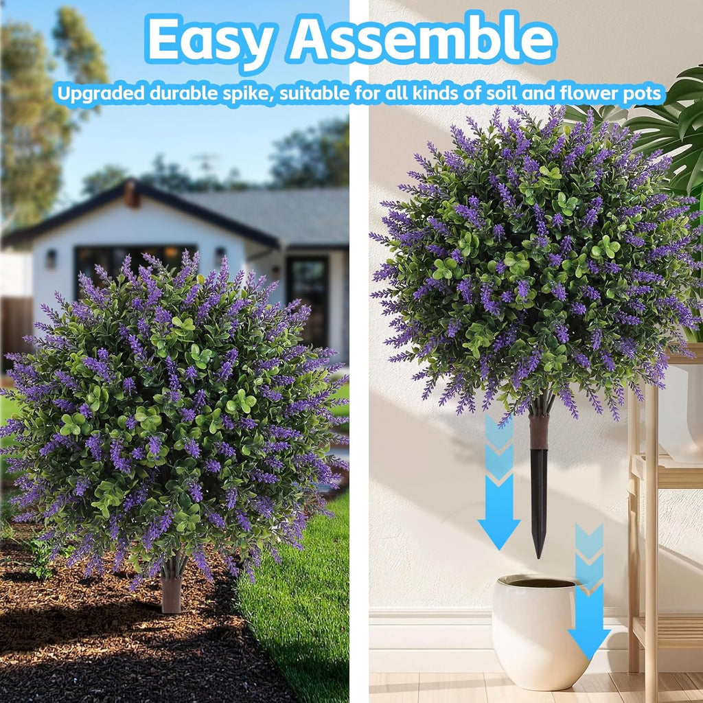Artificial Boxwood Topiary Ball Trees with Lavender, UV Resistant Fake Shrubs Bushes with Spike Faux Evergreen Plant for Indoor Outdoor Front Porch Garden