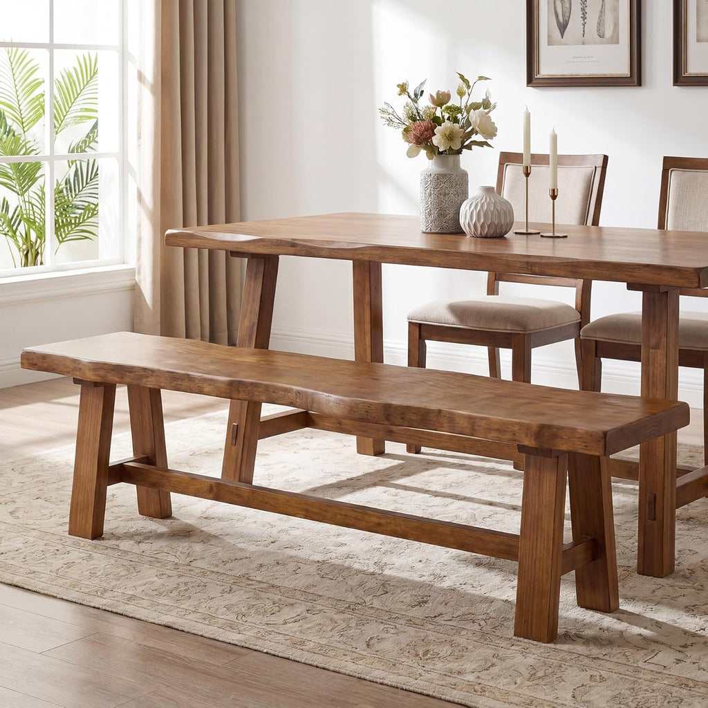 63" Long Solid Wood Dining Bench, Farmhouse Entryway Bench with Angled Legs for Dining Room, Kitchen, Entryway, Rustic Brown