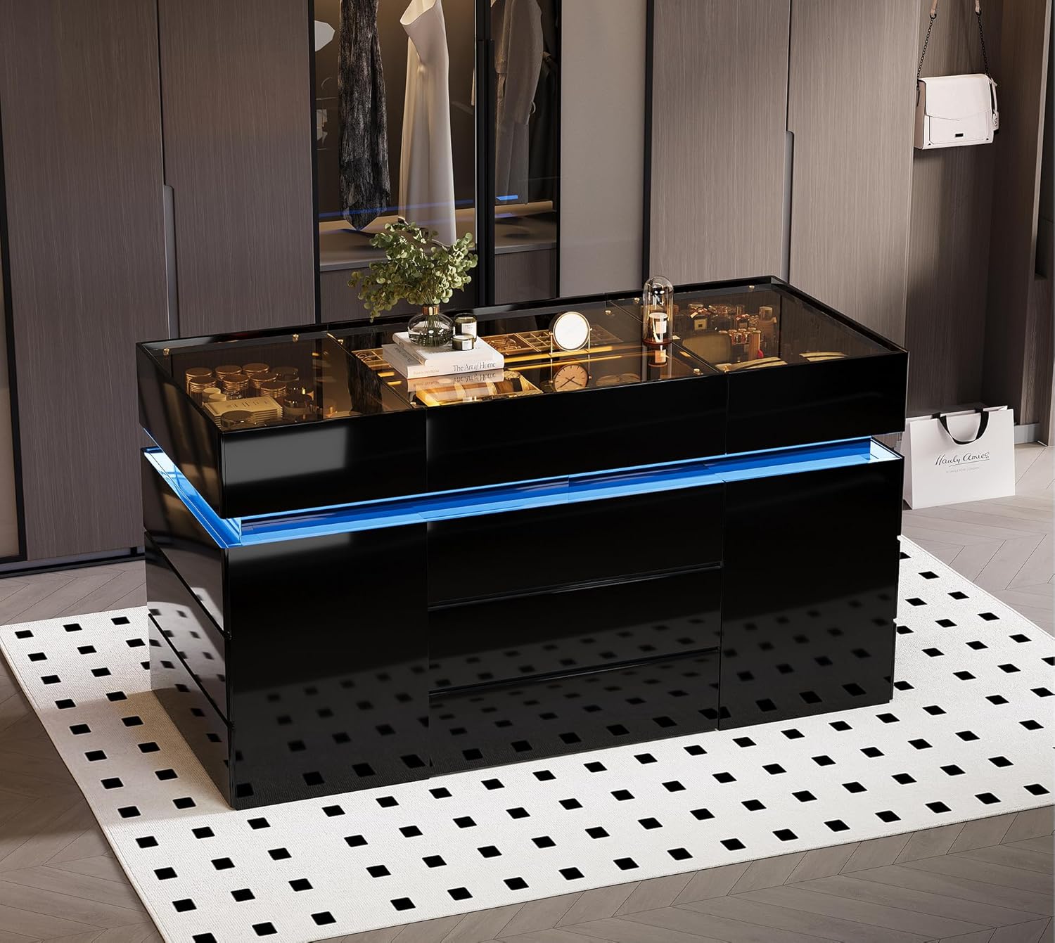 Luxury Glossy Closet Island with 16 Drawers, Modern LED Wardrobe Armoire Island with Glass Top, Luxury Walk-in Closet Island for Cloakroom (Black)