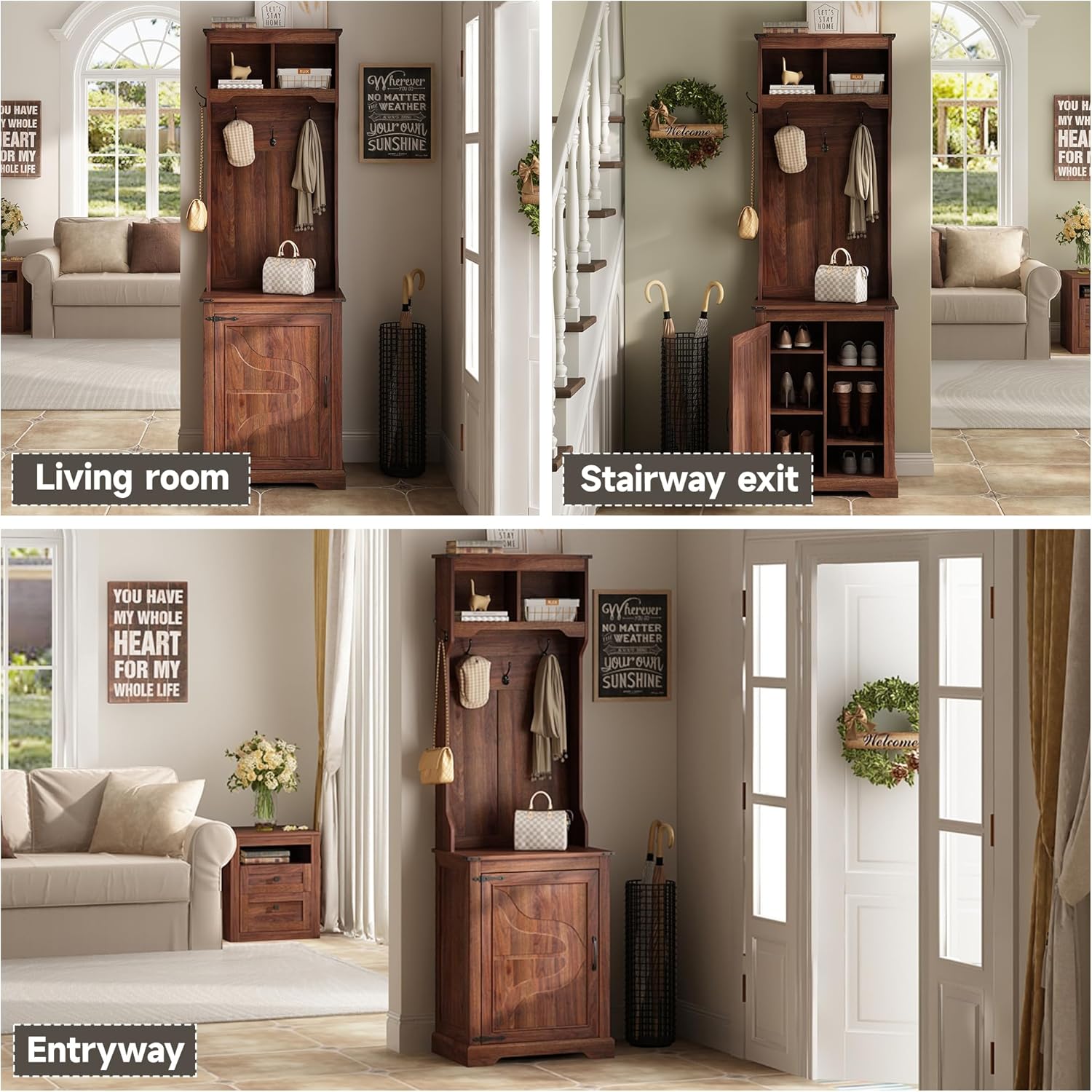 Maupvit Farmhouse Narrow Coat Rack with Shoe Storage, 6 Shoe Cubbies & 4 Coat Hooks, Hall Tree with Shoe Storage, Entryway Bench with Adjustable Shelves for Hallway, Living Room, Mudroom, Brown