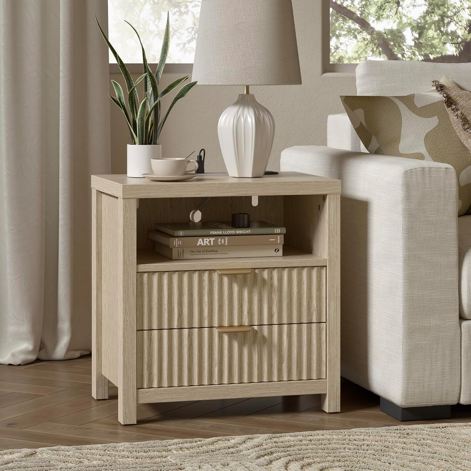 Furnulem Nightstand with Charging Station, 2 Drawers Fluted Night Stand | 19.7 inch Wide Bedside Table for Bedroom , Modern Nightstand with Wooden Legs and Metal Handle, Wood End Table, Natural Oak