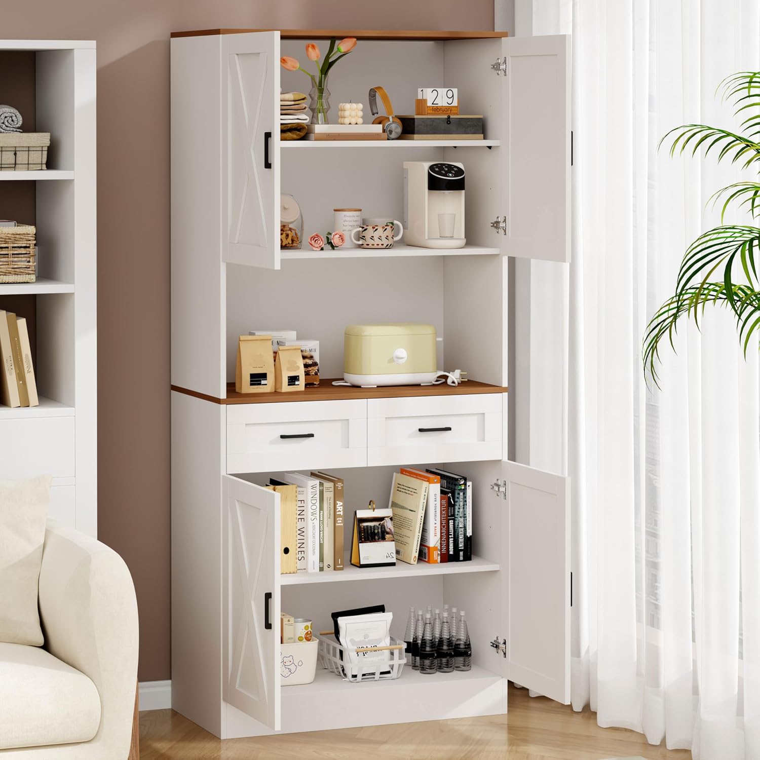 71“ Kitchen Pantry Storage Cabinet, Kitchen Hutch with Microwave Stand and Adjustable Shelves Freestanding Cupboard for Dining Living Room, White