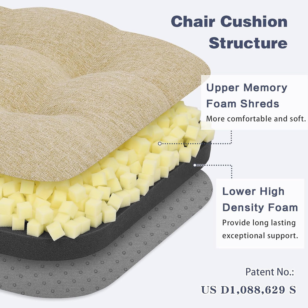 baibu Set of 6 Dining Chair Cushions, Dual-Layer Patent Design Memory Foam Kitchen Chair Cushions, Non-Slip Seat Pads with Ties, 16.5 x 16.5 x 3.5in, Beige