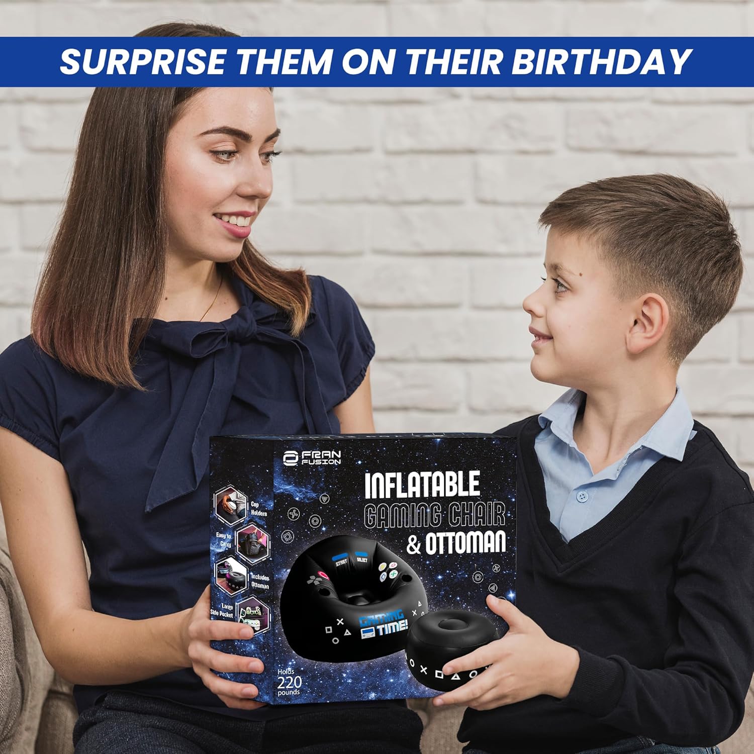 FranFusion Inflatable Gaming Chair for Kids & Teens with Cup Holders and Side Pocket - This Air Bean Bag Game Chair is The Perfect Furniture for Gamer Room Décor (Gaming Time with Ottoman)