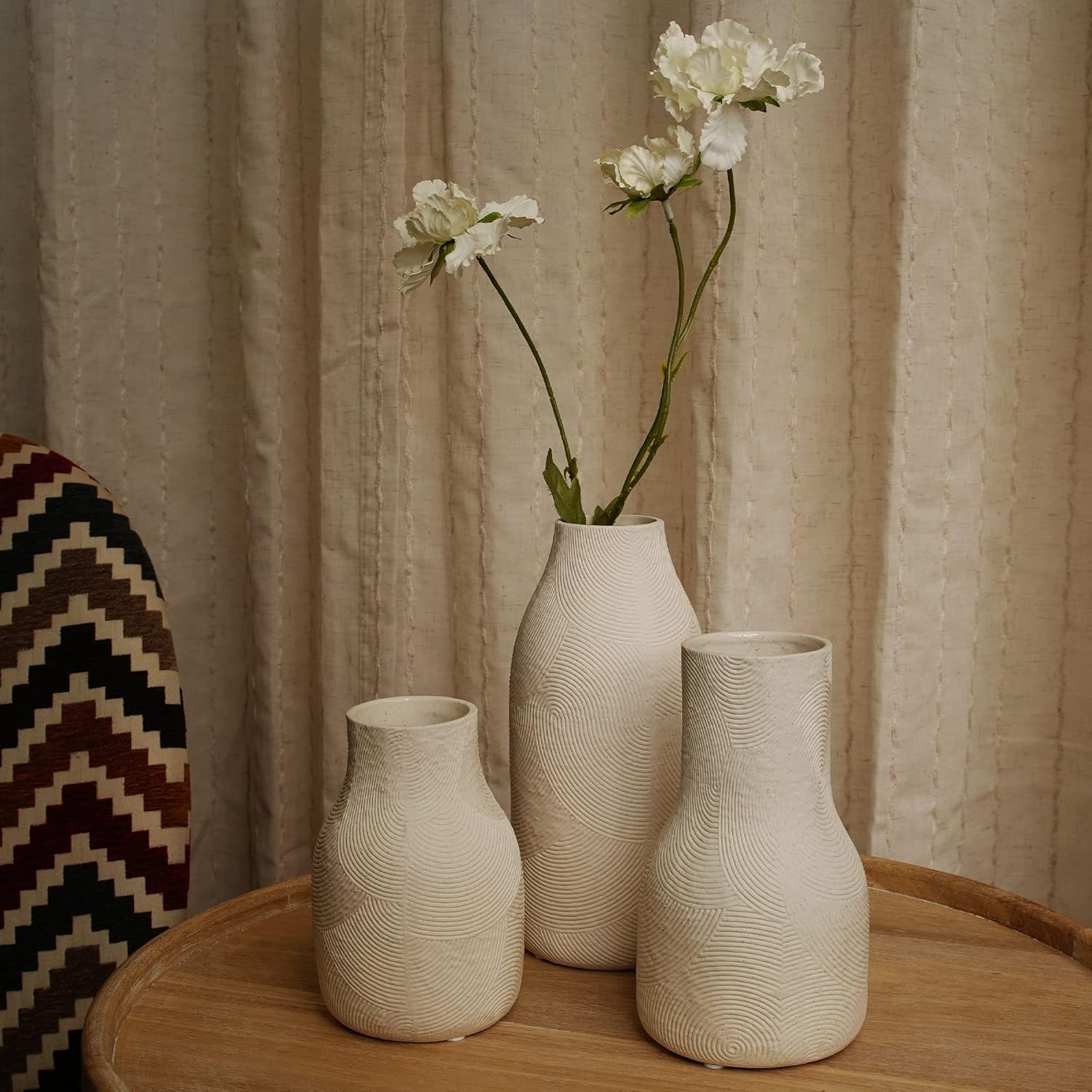 Ceramic Vases for Home Decor - Matte White Textured Vase Set of 3, Decorative Vases for Flowers, Pampas Grass Arrangement, Table Centerpieces, Office and Living Room Boho Decor