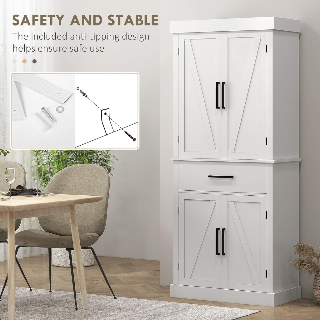 72" Tall Kitchen Pantry Storage Cabinet, Farmhouse Freestanding Kitchen Cabinet with 4 Barn Doors, Drawer, 5-Tier Shelf and Adjustable Shelves, White,15.8 * 30 * 72