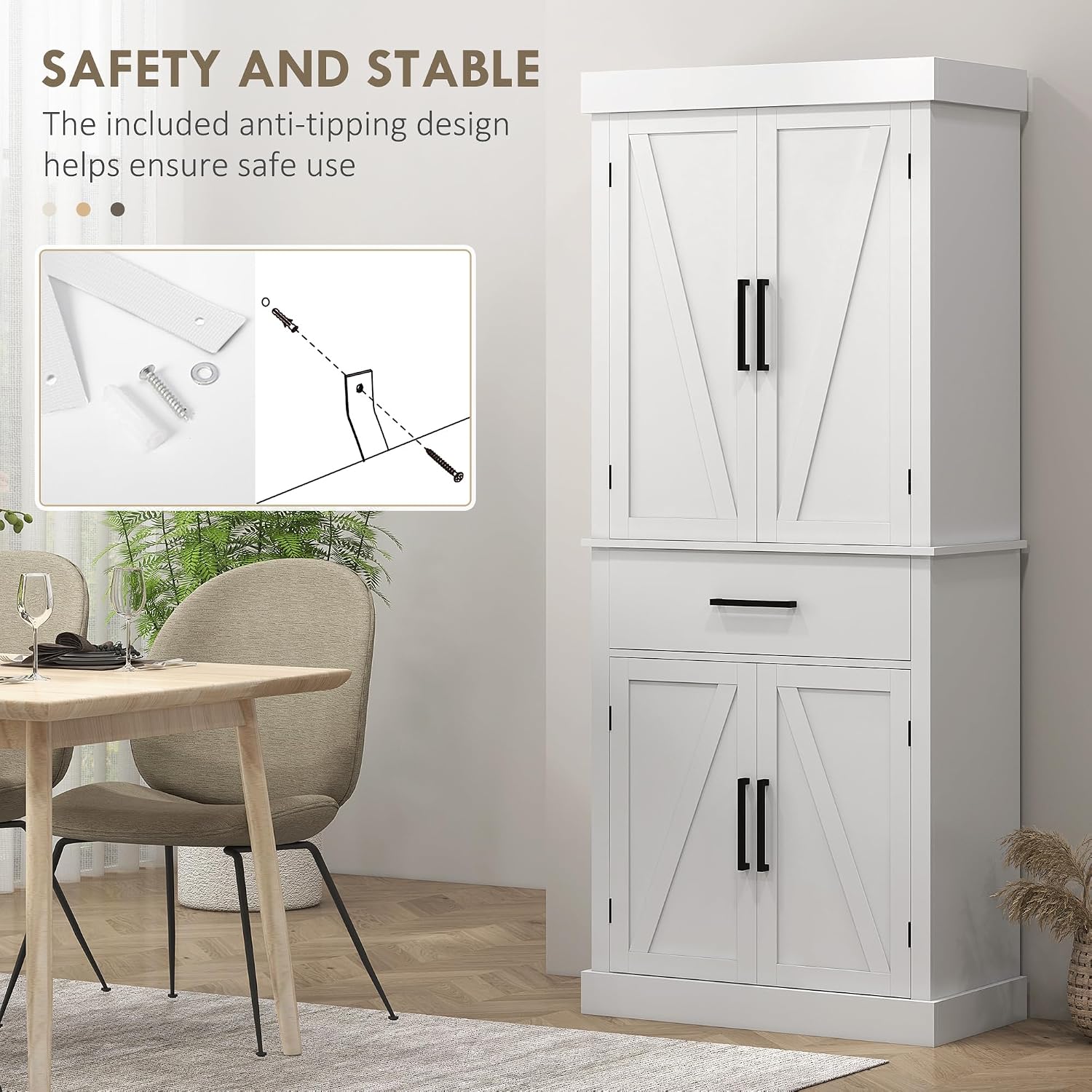 72" Tall Kitchen Pantry Storage Cabinet, Farmhouse Freestanding Kitchen Cabinet with 4 Barn Doors, Drawer, 5-Tier Shelf and Adjustable Shelves, White,15.8 * 30 * 72