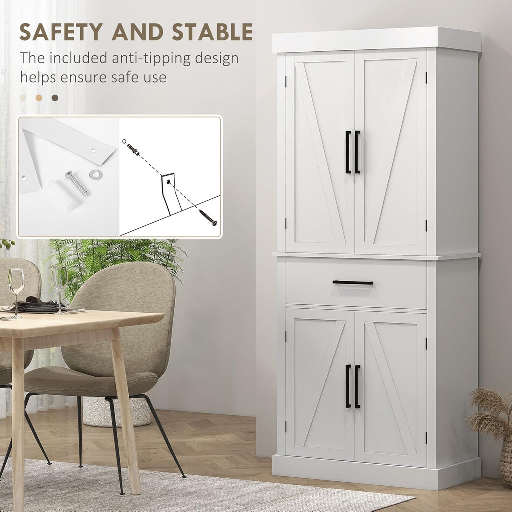 72" Tall Kitchen Pantry Storage Cabinet, Farmhouse Freestanding Sideboard Utility Cupboard Large Hutch Cabinets with 4 Barn Doors, Drawer and Adjustable Shelves, White