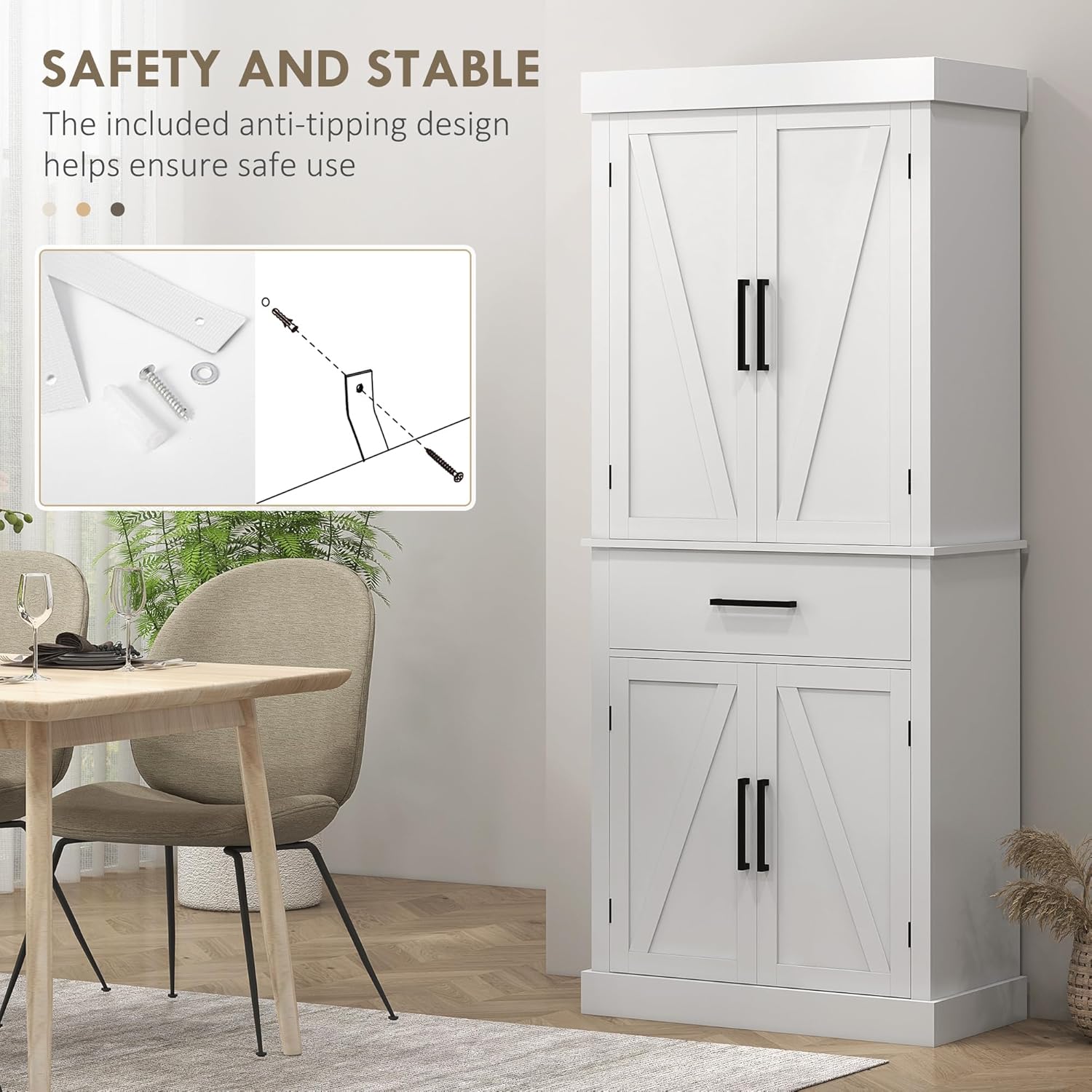 72" Tall Kitchen Pantry Storage Cabinet, Farmhouse Freestanding Sideboard Utility Cupboard Large Hutch Cabinets with 4 Barn Doors, Drawer and Adjustable Shelves, White