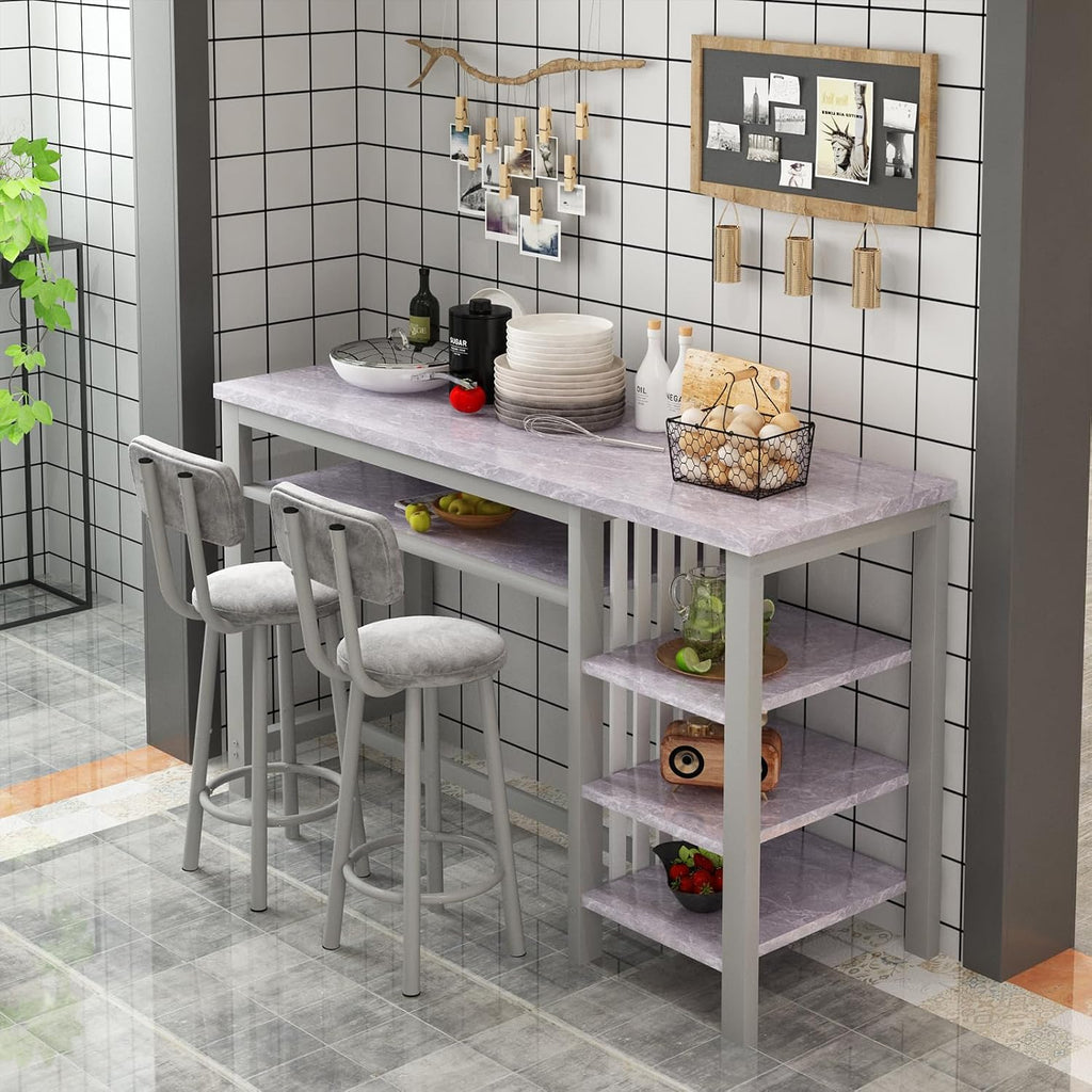 AWQM 3-Piece Bar Table and Chairs Set, Modern Gray Table with 2 PU Cushion Bar Stools, Kitchen Counter with 3 Tier Storage Shelves, Space Saving Table for Home & Kitchen, Black Frame