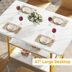 DWVO Dining Room Table 47 Inch Rectangle Dining Table for 4 People Modern Kitchen Table White Marble Dinner Table with Storage Shelf and Glod Metal Legs for Home Apartment White and Gold