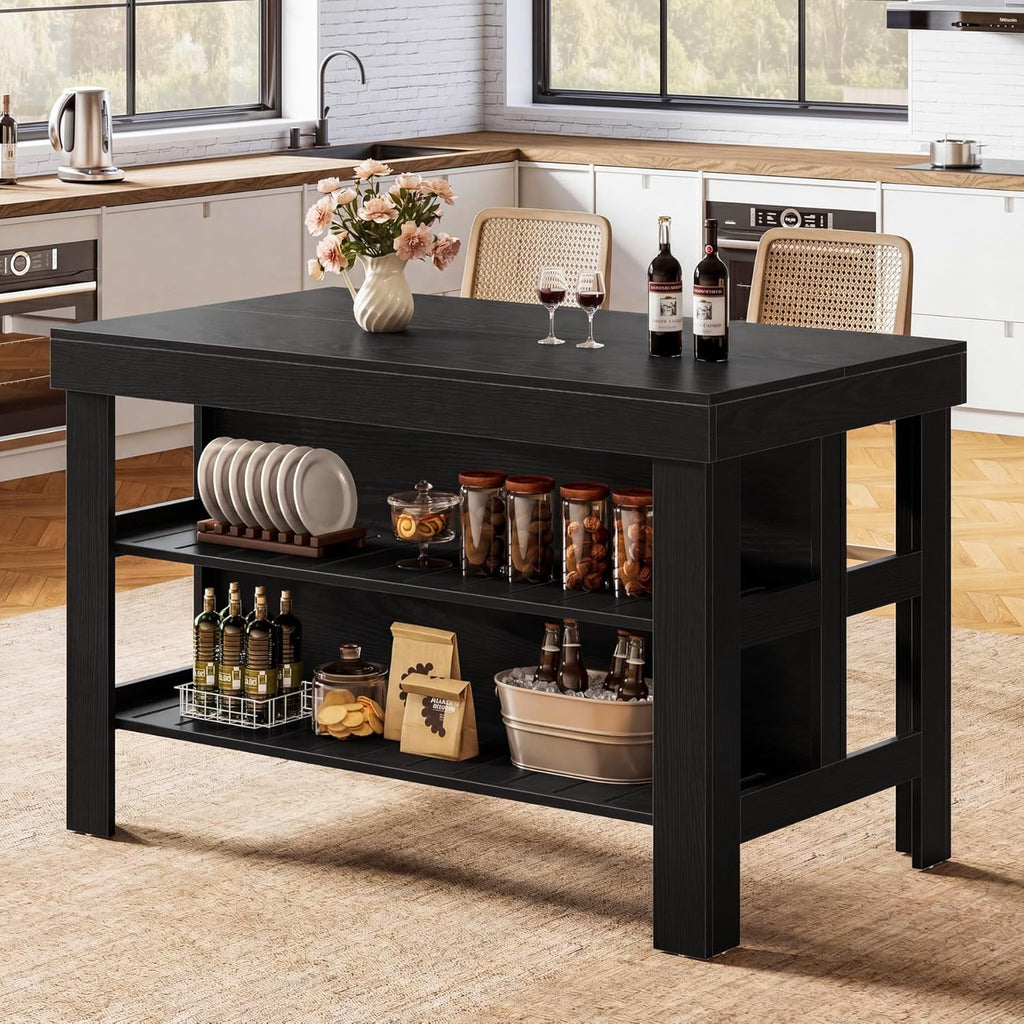 Tribesigns Kitchen Island with Seating and Storage Shelves, 55.1-Inch Breakfast Counter Farmhouse Island Table for Kitchen Dining Room (Black)
