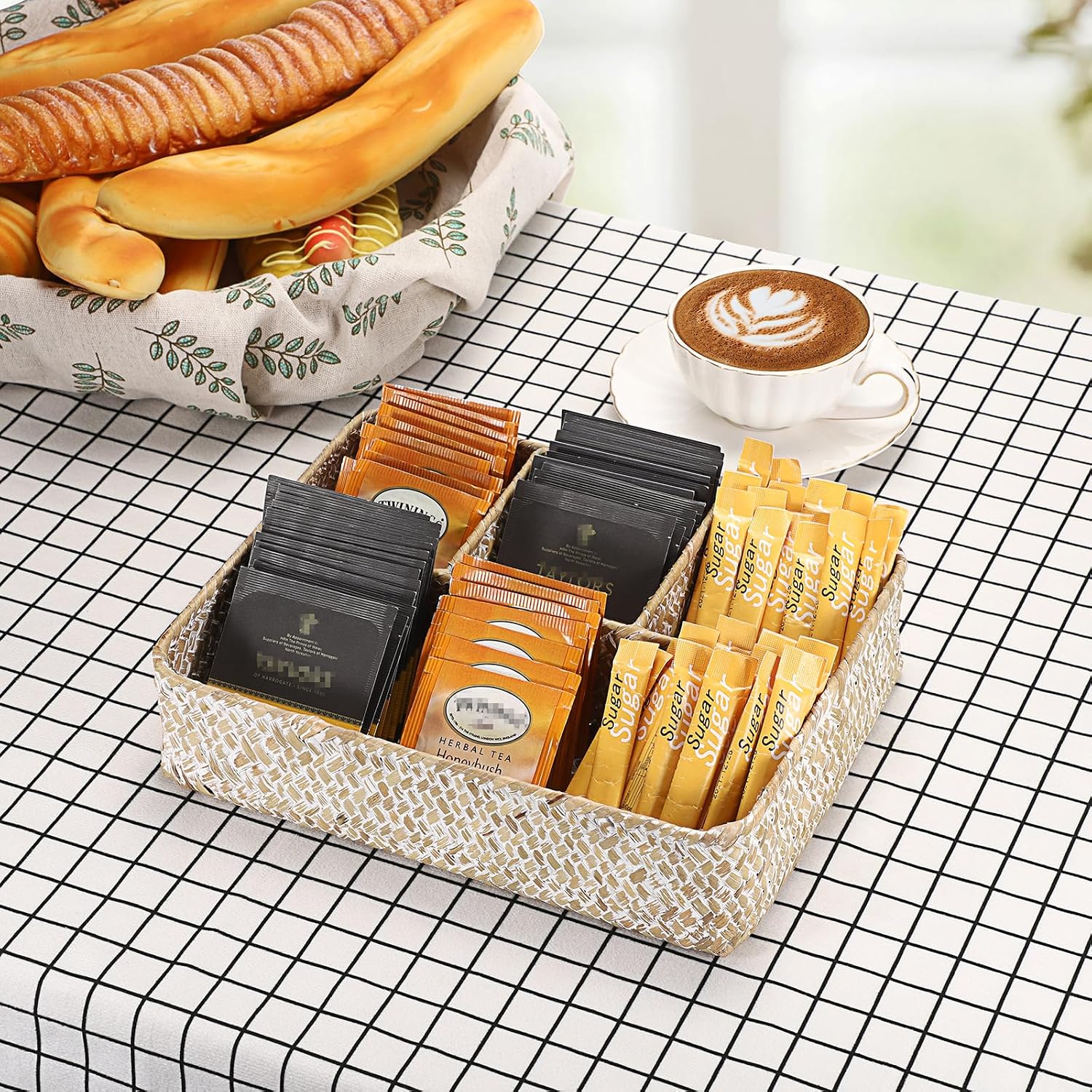 Hipiwe 4-Section Snacks Basket Serving Tray Wicker Divided Tea Bag Basket | Handwoven Seagrass Coffee Pod Organizer Sugar Packet Holder Basket Bin for Shelf Coffee Bar, Whitewash