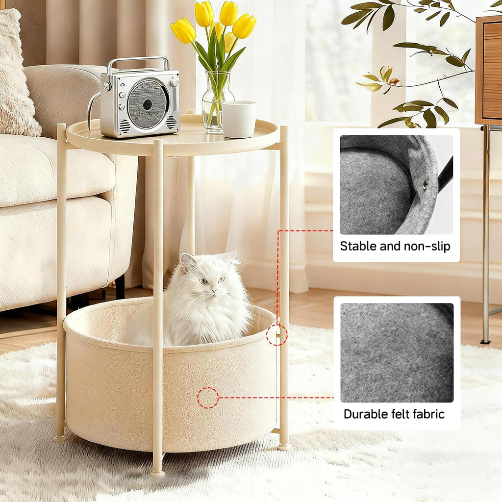 Small Round Side Table with Felt Storage Basket, Metal End Table with Removable Tray and Adjustable Feet, Accent Table for Nursery, Bedroom, Living Room, Laundry Room, Gold