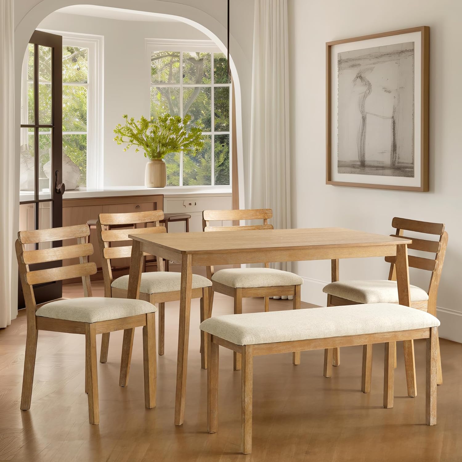 SIMTONAL 4-Piece Farmhouse Dining Set, Wooden Table with 2 Chairs, Bench Seat, Mid-Century Modern Wooden Table & Upholstered Chair Set for Home, Kitchen, Dining Room, Solidwood Legs