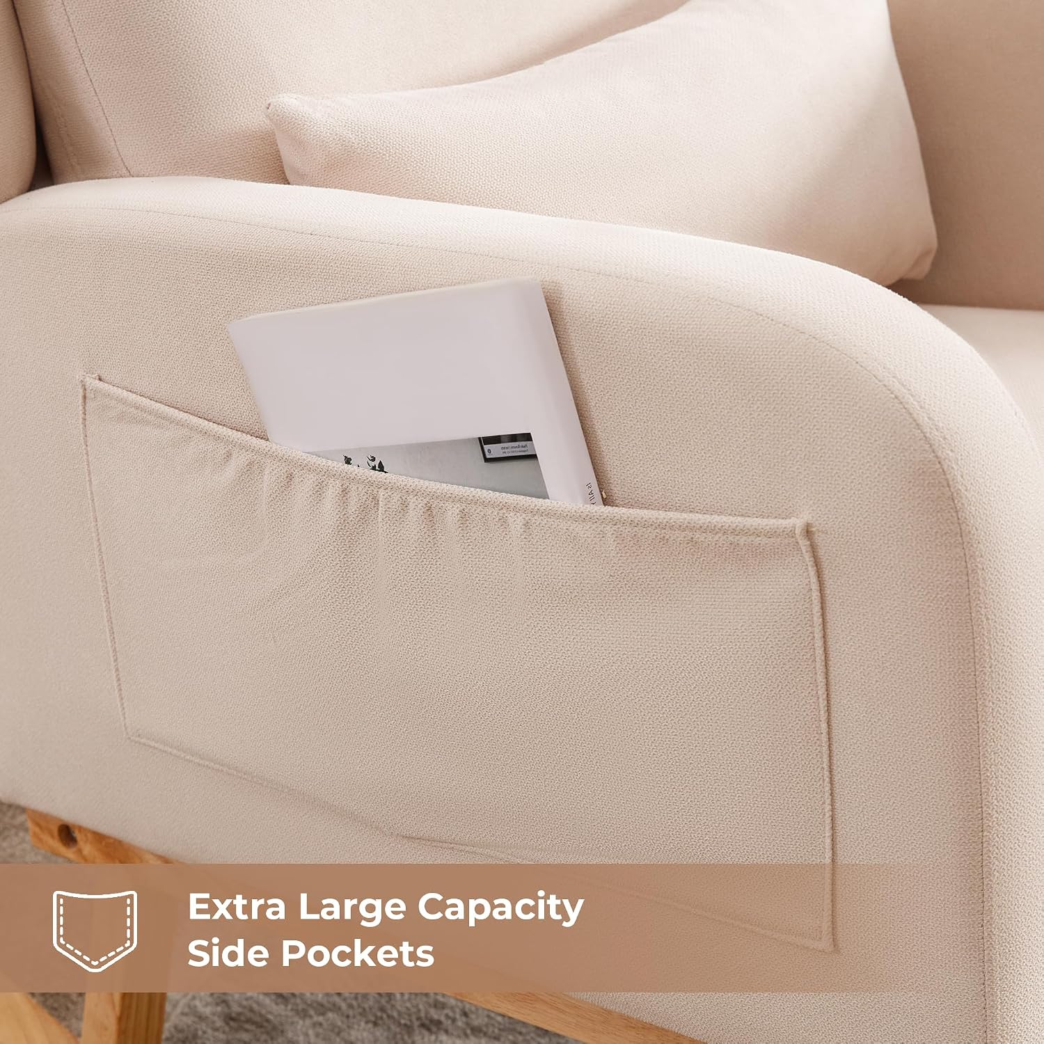 Rocking Chair Nursery, Nursing Rocking Chairs Upholstered, Glider Rocker with Lumbar Pillow and Side Pockets, Modern Rocker Chair for Bedroom, Living Room, Beige