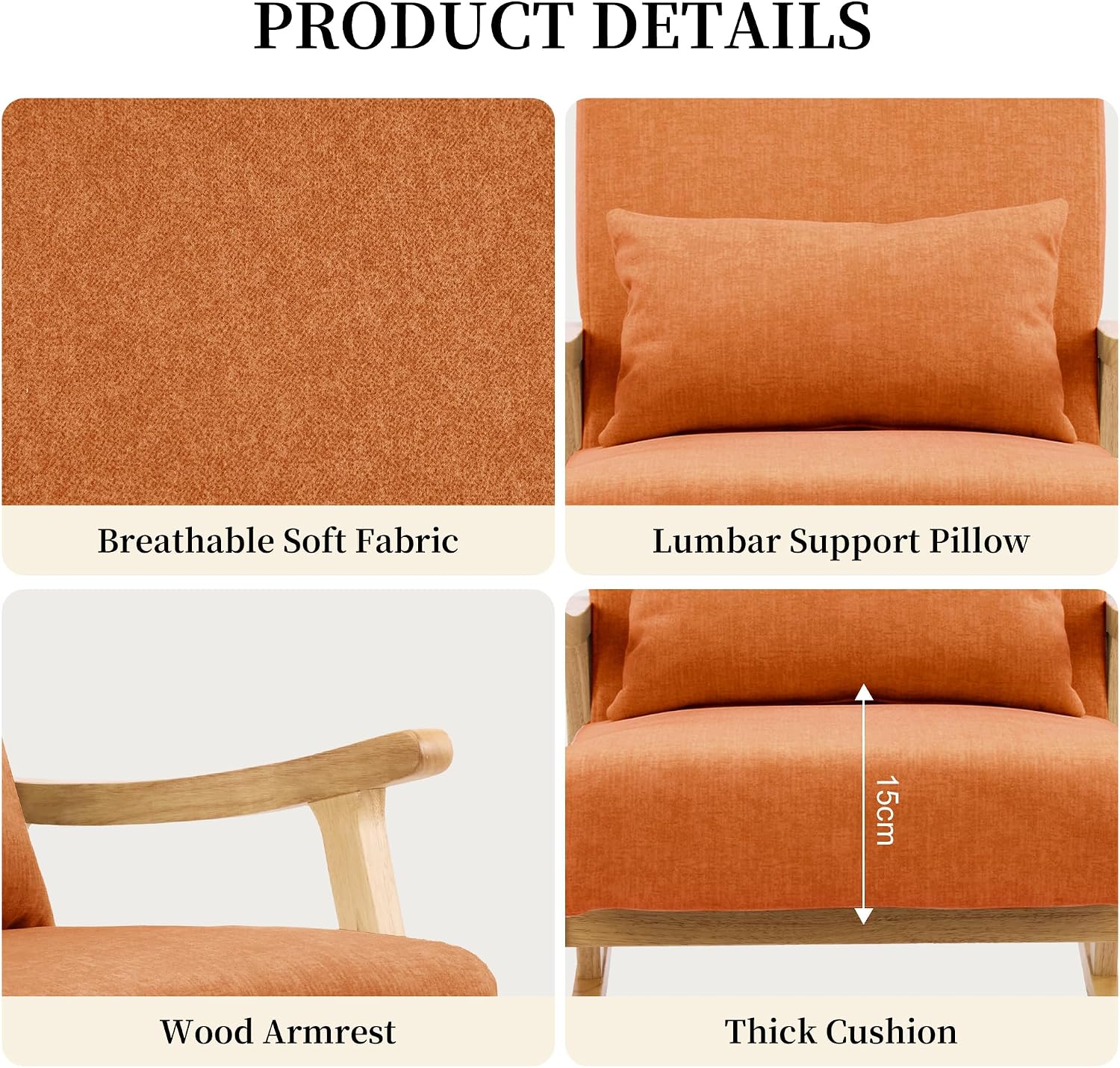 SAETSFEG Rocking Chair for Nursery with Lumbar Pillow, Upholstered Accent Chair with Solid Rubberwood Frame, Living Room & Bedroom, Cozy Reading Chair for Small Spaces, Orange