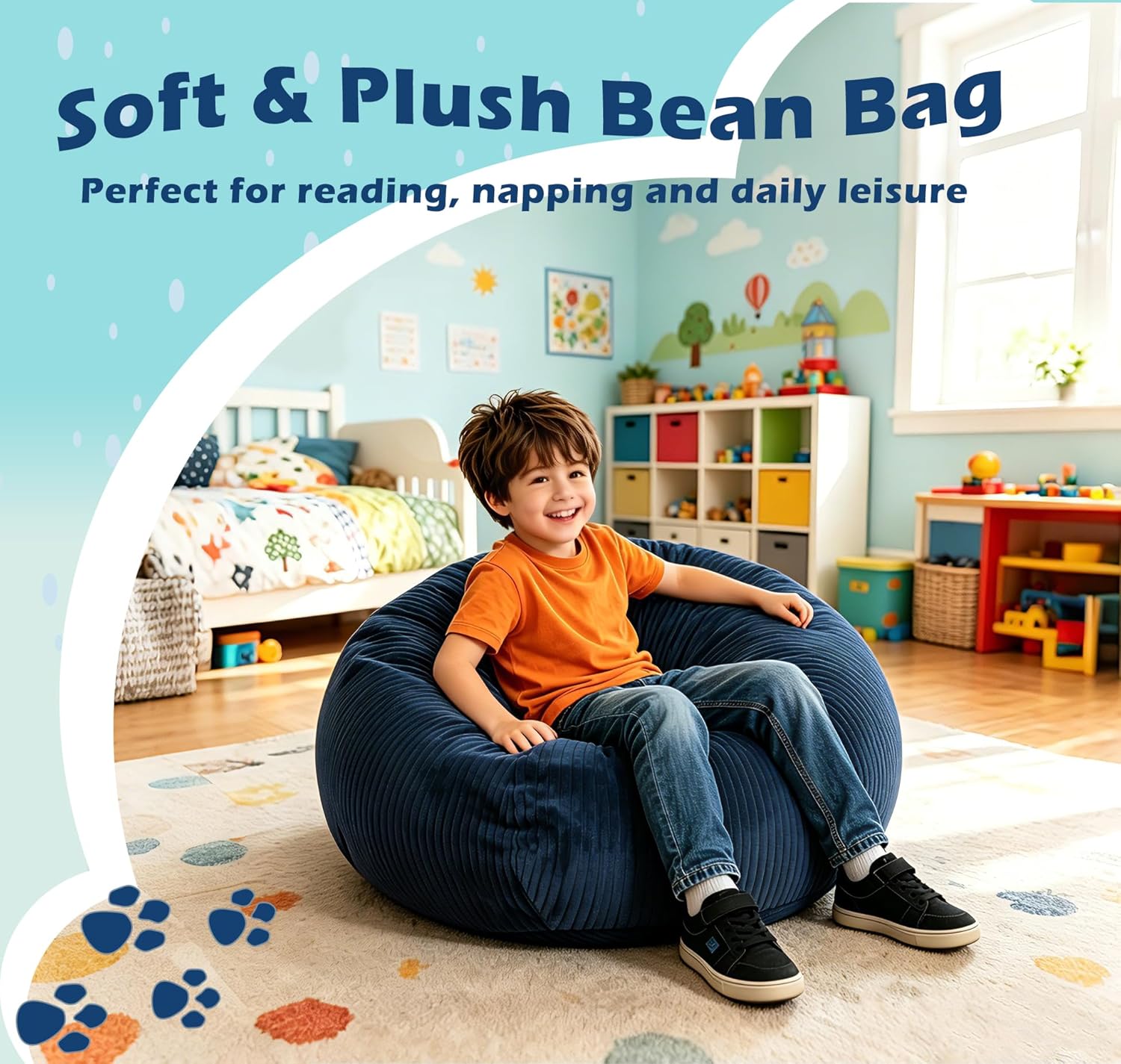 LPMOERA Bean Bag Chairs for Kids/Teen with Memory Foam Filling Bean Bag Sofa with Soft Corduroy Fabric BeanBag Chair for Living Room Bedroom College Dorm Reading Chair Blue