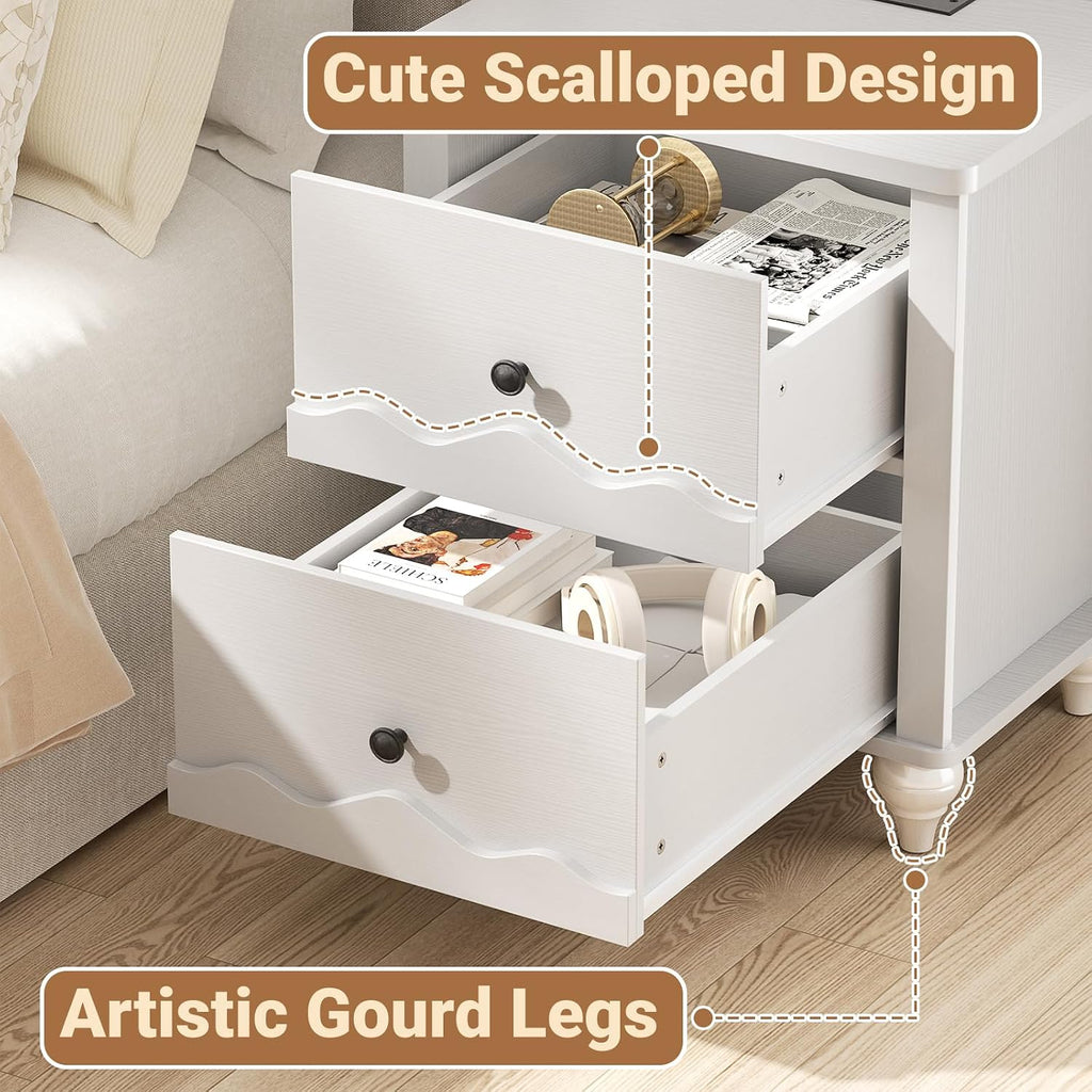Cyclysio 2 Set End Table with Charging Station, Wood Bedside Table with 2 Drawers, Scalloped Nightstand Set of 2 with Wave Pattern, Bedside Night Tables with Solid Wood Gourd Legs
