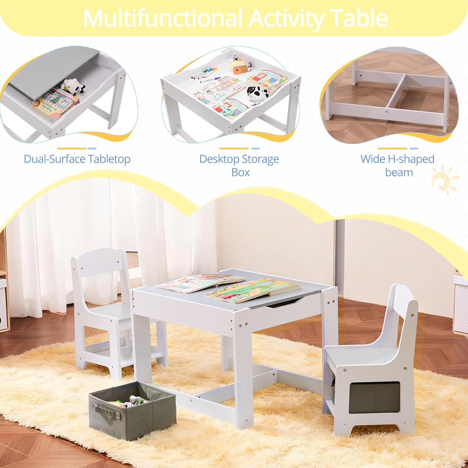 Pterying Wood Toddler Table and Chair Set - Kids Table and Chairs with Detachable Tabletop & Storage Drawers, Kids Furniture Set for Crafts, Arts, Drawing, Learning