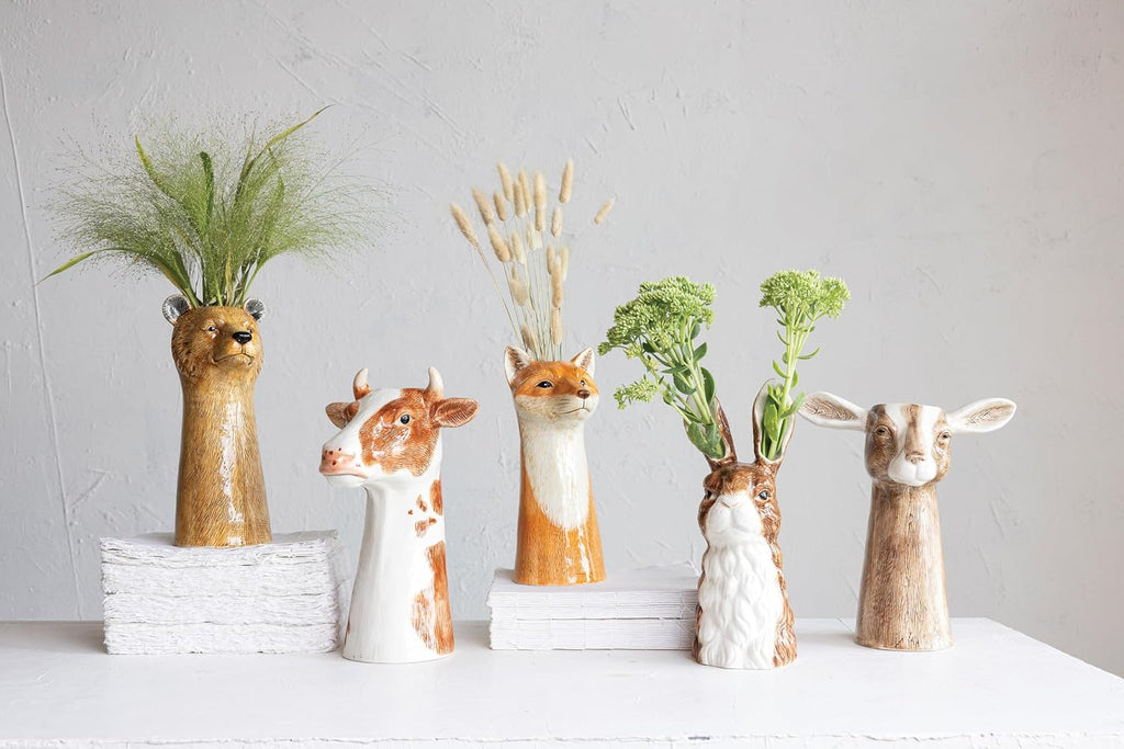 Creative Co-Op Hand-Painted Decorative Stoneware Rabbit Vase, Brown and White