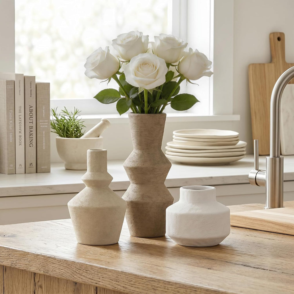 DREAMLOOM Ceramic Vase Set of 3, Modern Rustic Flower Vases for Pampas Grass, Dried & Fresh Flowers, Farmhouse Home Decor Vase for Living Room Bedroom Kitchen Shelf Centerpiece, Brown