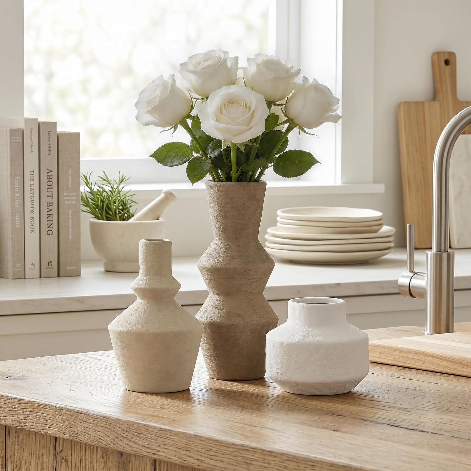 DREAMLOOM Ceramic Vase Set of 3, Modern Rustic Flower Vases for Pampas Grass, Dried & Fresh Flowers, Farmhouse Home Decor Vase for Living Room Bedroom Kitchen Shelf Centerpiece, Brown