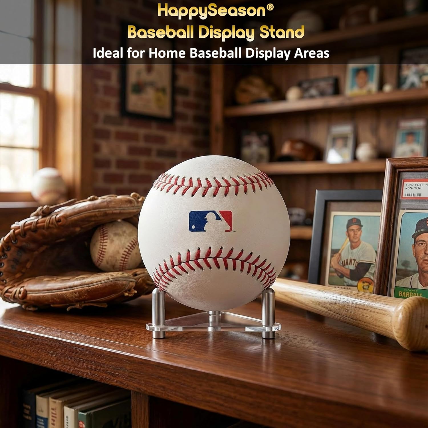 Happyseason 6-Pack Baseball Holders for Display, Clear Acrylic Ball Stand for Autographed Baseballs, Softballs, Tennis & Billiard Balls, Minimalist Rack with Stainless Steel Rods (Easy Assembly)