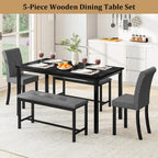 Rovibek Dining Table Set for 6, Rectangle Kitchen Table Set with 2 Upholstered Chairs & 2 Benches, 5-Piece Space Saving Dinner Table & Chairs Set for Dining Room, Kitchen, Restaurant, Grey & Black