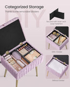 SONGMICS Vanity Stool Chair Faux Fur with Storage, Vanity Bench, Metal Legs, Adjustable Feet, for Living Room, Bedroom, Makeup Room, Light Lilac ULOM505PZ02