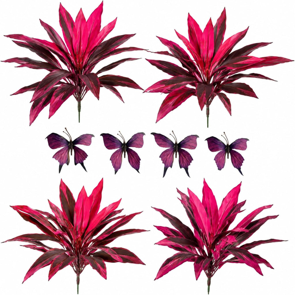 Large Realistic Artificial Boston Fern & Dragon's Blood Tree Artificial Turf UV Resistant Red Fern Ti Plants Vibrant Pink & Purple Faux Foliage Faux Fake Ferns Shrubs Outdoor Garden Decor