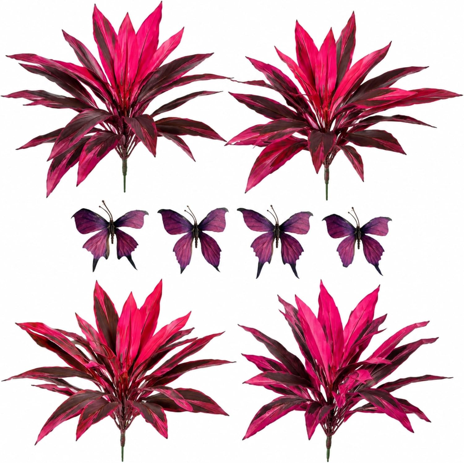 Large Realistic Artificial Boston Fern & Dragon's Blood Tree Artificial Turf UV Resistant Red Fern Ti Plants Vibrant Pink & Purple Faux Foliage Faux Fake Ferns Shrubs Outdoor Garden Decor