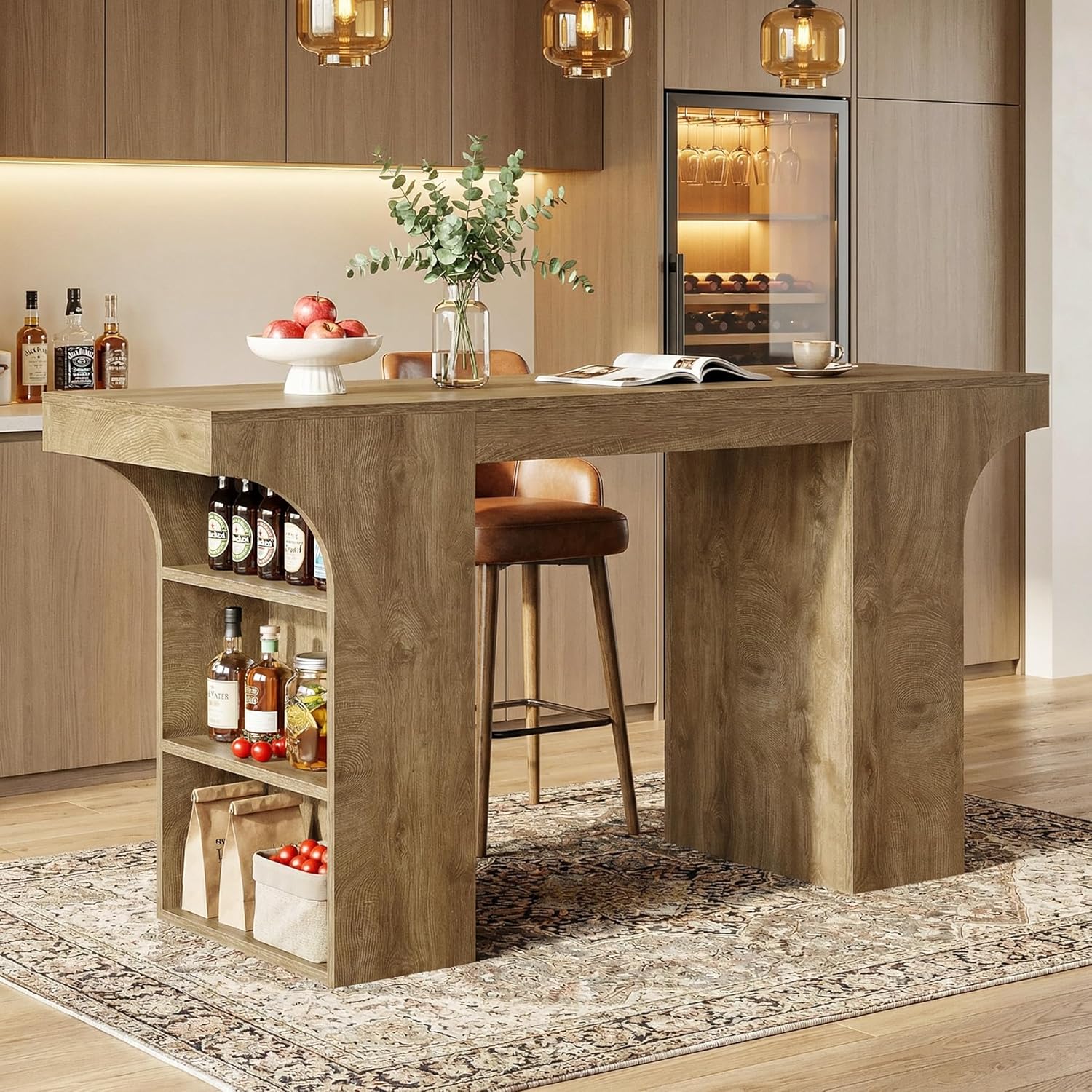 Tribesigns Bar Height Table with Storage Shelves, 63-Inch Counter Height Pub Table, Rectangular High Top Tables for Dining Room, Kitchen, Bistro, Balcony, Brown