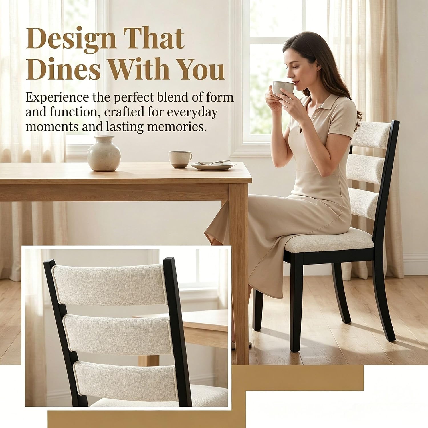 Dining Chairs Set of 2 Farmhouse Kitchen Chairs with Upholstered Cushion Back and Seat Ladder Back Side Chairs for Dining Room Living Room Restaurant(Black Frame, Chenille Beige)