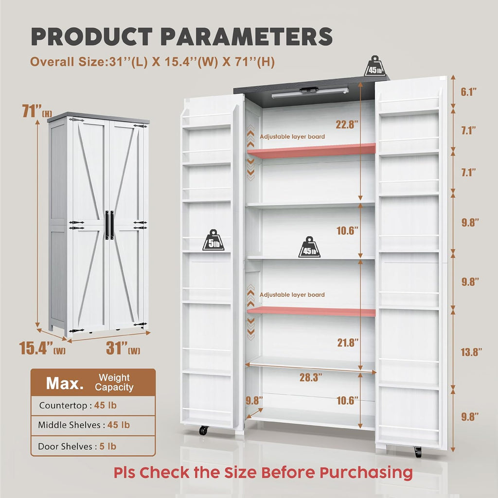 Furnaza Kitchen Pantry Cabinets - 72" Tall Craft Storage Cabinet with LED Lights, Adjustable Shelves Sewing Organizer for Craft Room/Dinning Room or Living Room, in Grian White