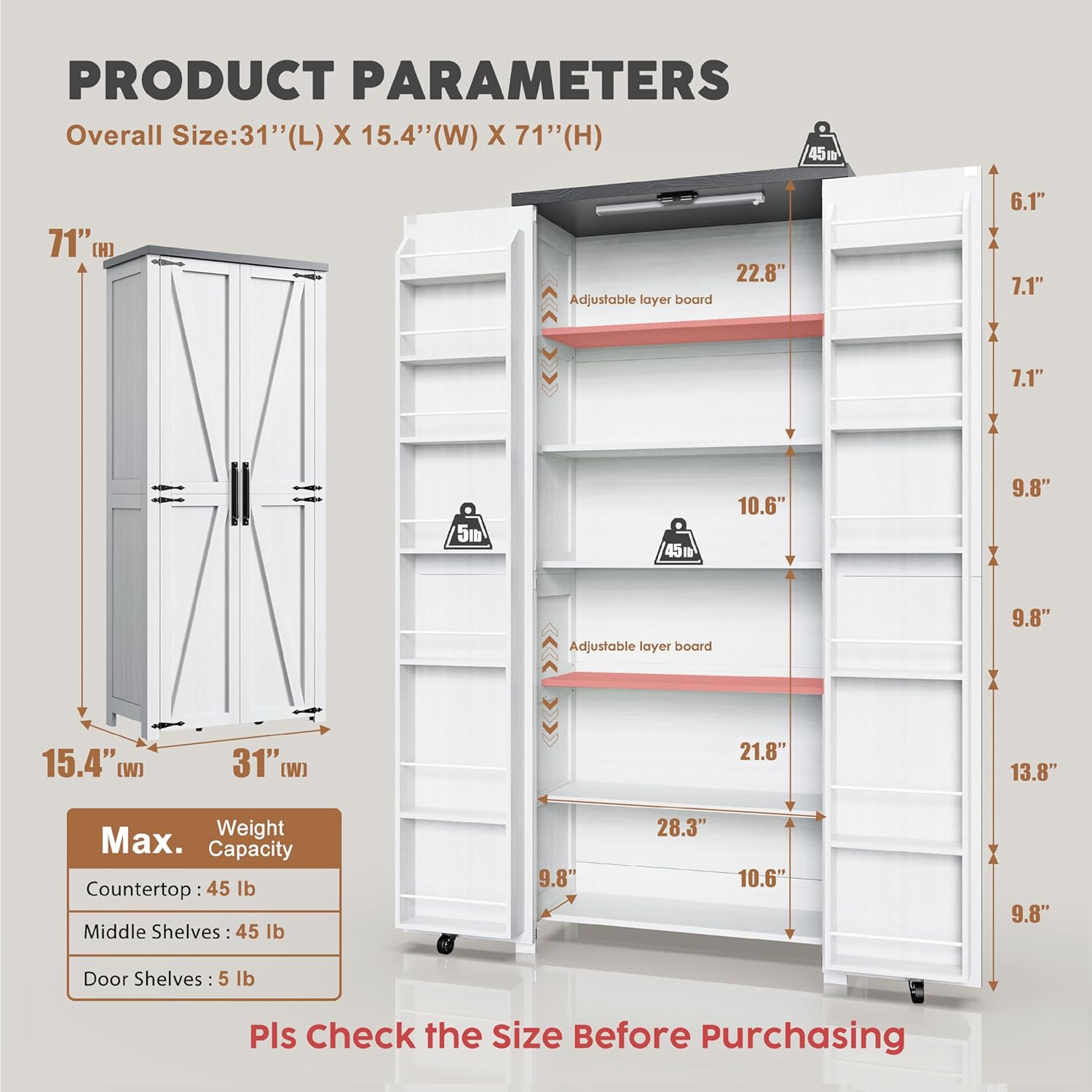 Furnaza Kitchen Pantry Cabinets - 72" Tall Craft Storage Cabinet with LED Lights, Adjustable Shelves Sewing Organizer for Craft Room/Dinning Room or Living Room, in Grian White
