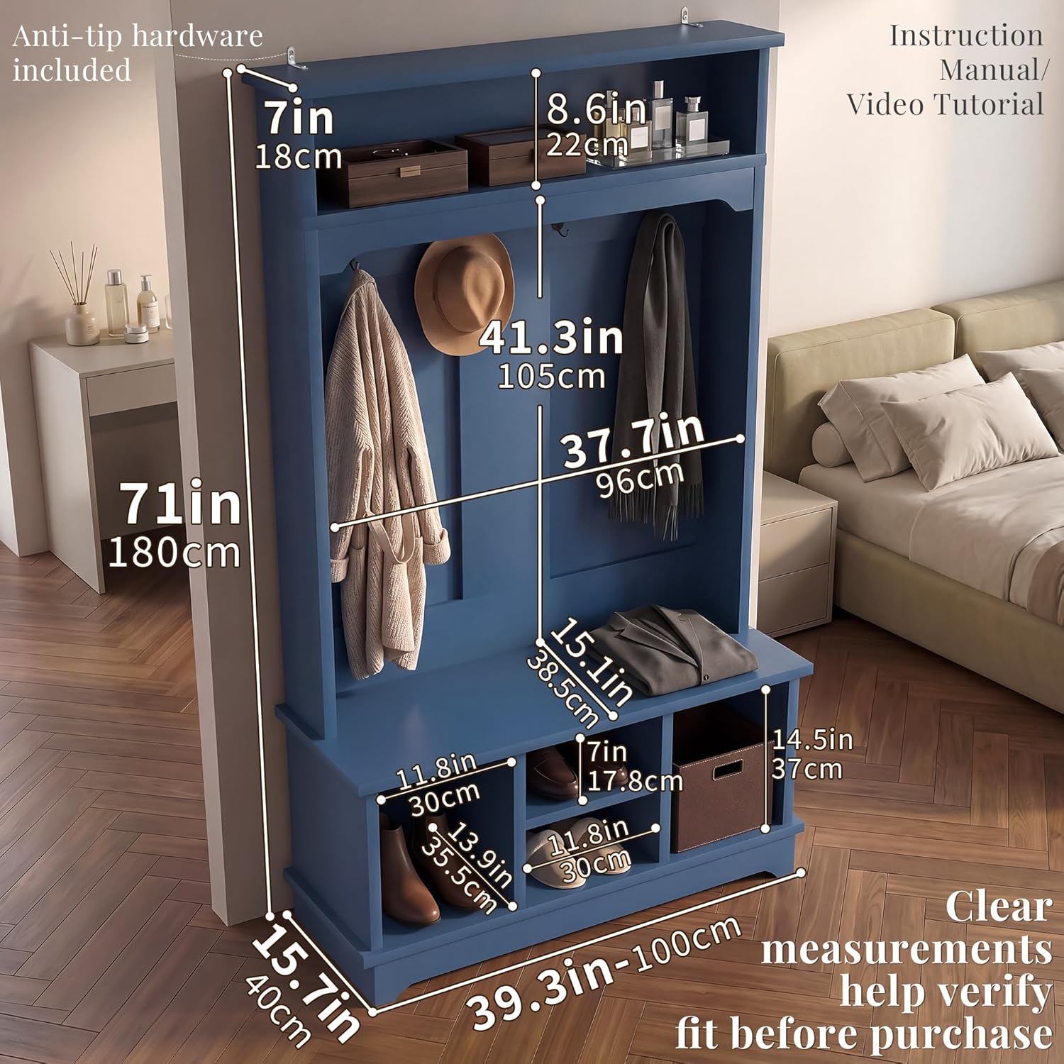 Hall Tree with Bench and Shoe Storage, Entryway Hall Tree, Large Mudroom Bench with Coat and Shoe Rack, 5+ Hooks, Multi Shoe Cubbies & Top Shelf, Sturdy Storage Bench,Blue