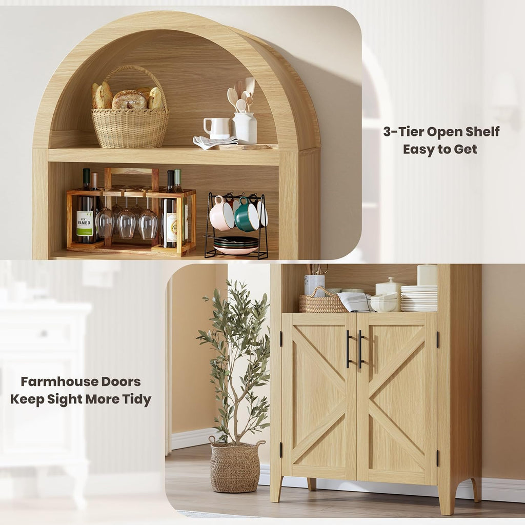 IDEALHOUSE Arched Kitchen Pantry Cabinet with Doors, 5-Tier Wooden Display Cabinet with Adjustable Shelf, Farmhouse Storage Organizer for Kitchen, Dining Room, Living Room, Home Office, Natural