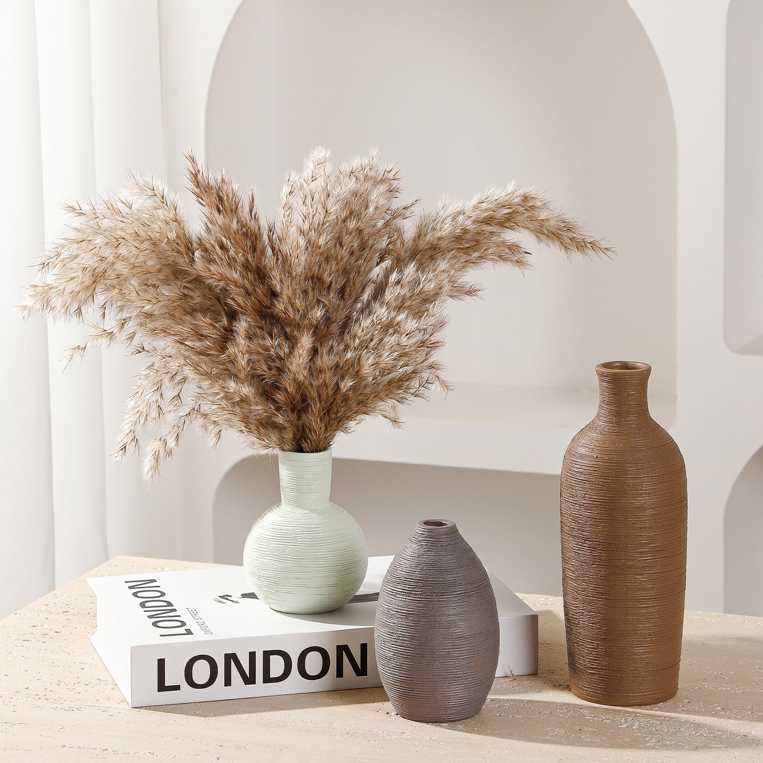 Ceramic Vases Set of 3 Home Decor Modern Rustic Farmhouse Pottery Decorative Flower Vases for Pampas Grass Dried Fresh Flowers, Living Room, Table Centerpiece, Shelf, Mantel (Multicolor Brown)